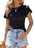 SHEWIN Womens Shirts Summer Ruffle Sleeve Crewneck