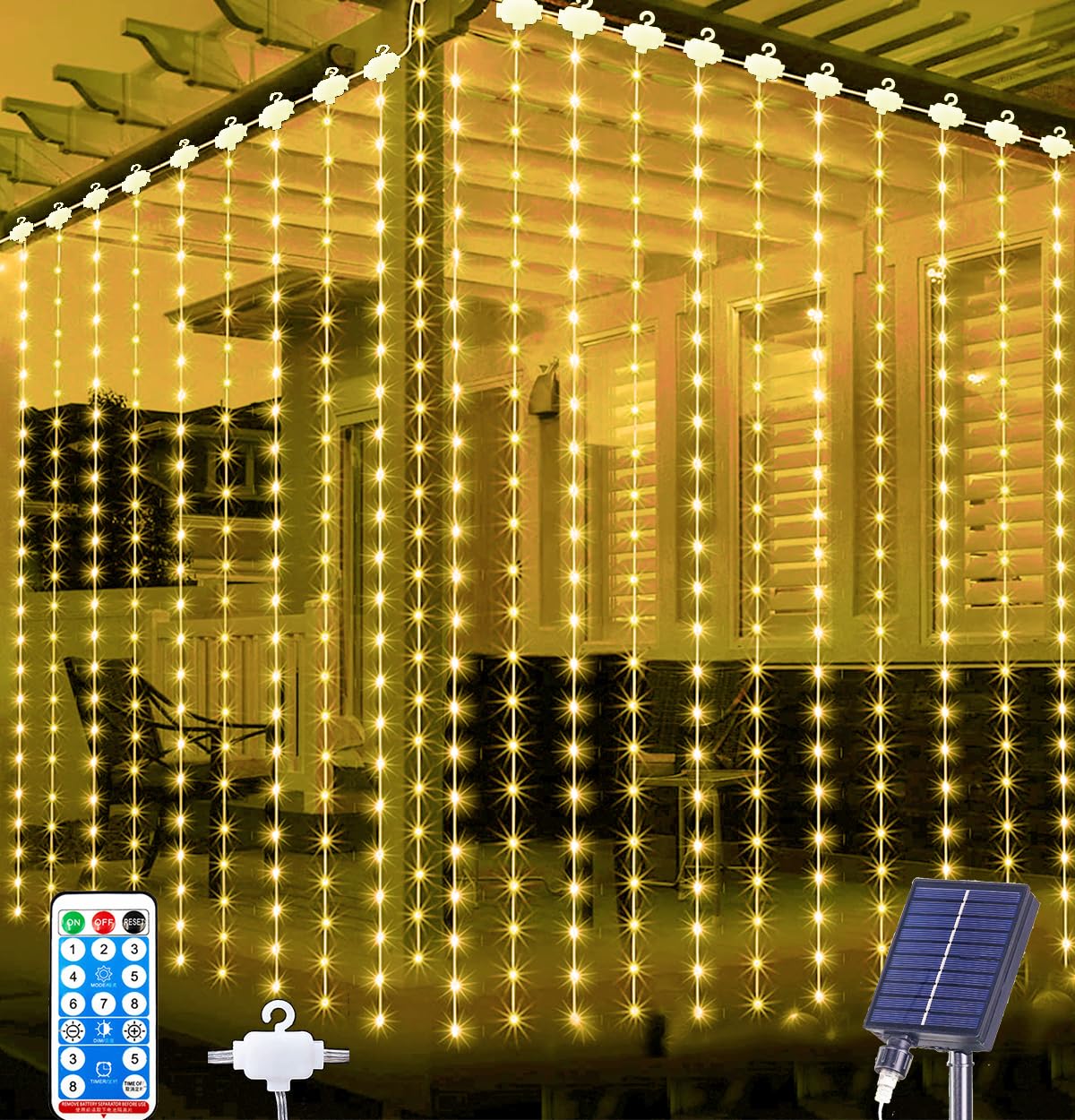Joysing Solar Curtain Lights 3M x 3M Gazebo Lights with Remote Control, 8 Modes Waterfall Fairy Light Waterproof Curtain String Light for Garden Party Wedding Pergola Wall Decoration - Warm White
