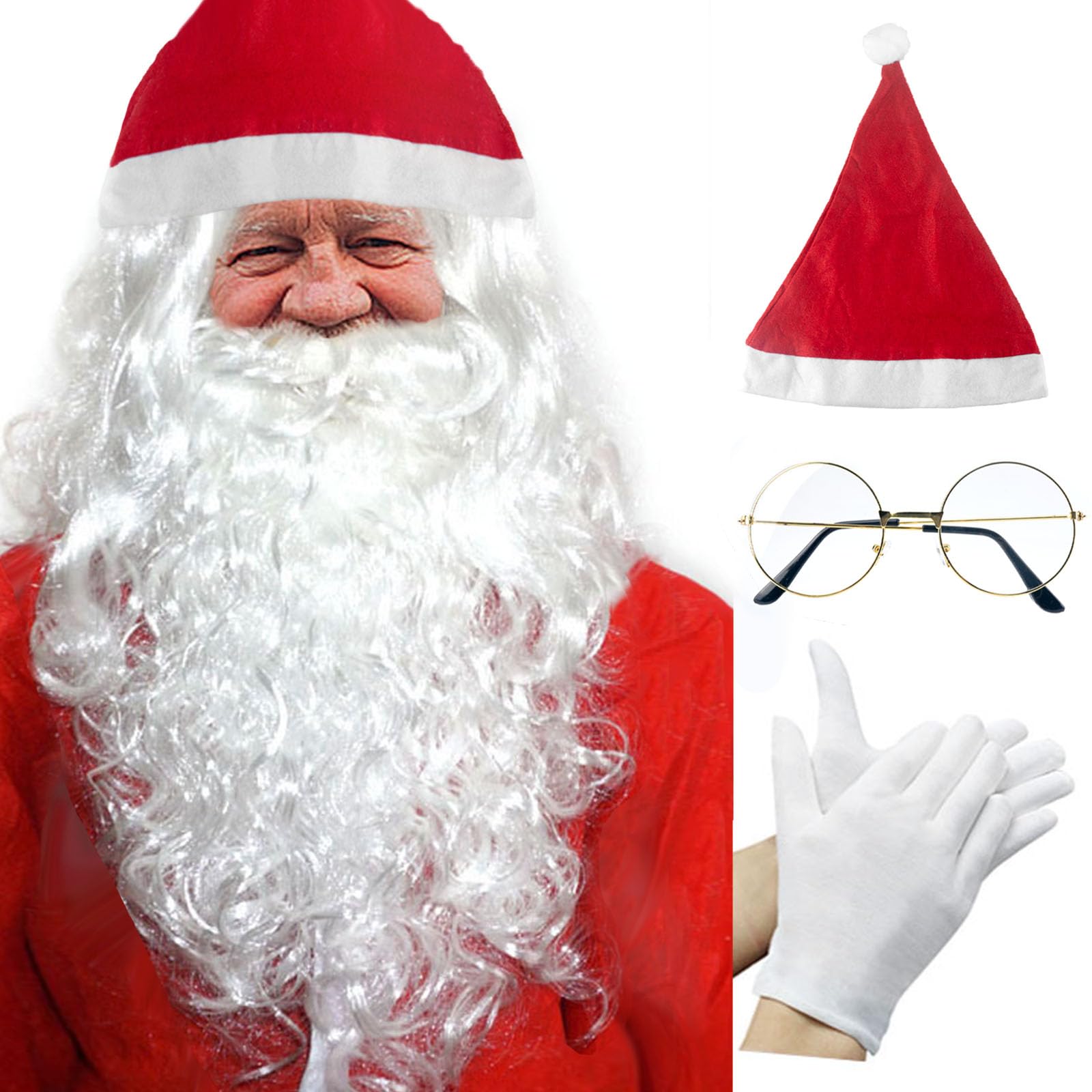 AWAVM 5-Piece Christmas Dress Up Set, Santa Hat, Santa Beard, Santa Wig, Glasses, Gloves, Santa Claus Dressing Props, Novelty Costumes, Family Gatherings, Christmas Parties