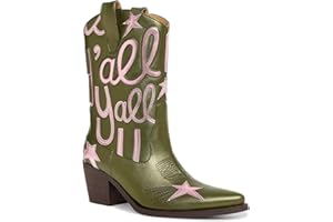 HOCHFART Metallic Cowboy boots for Women Mid Calf Low Heel Pointed Toe Womens Cowgirl Boots Fashion Embroidery Western Pull On Boots