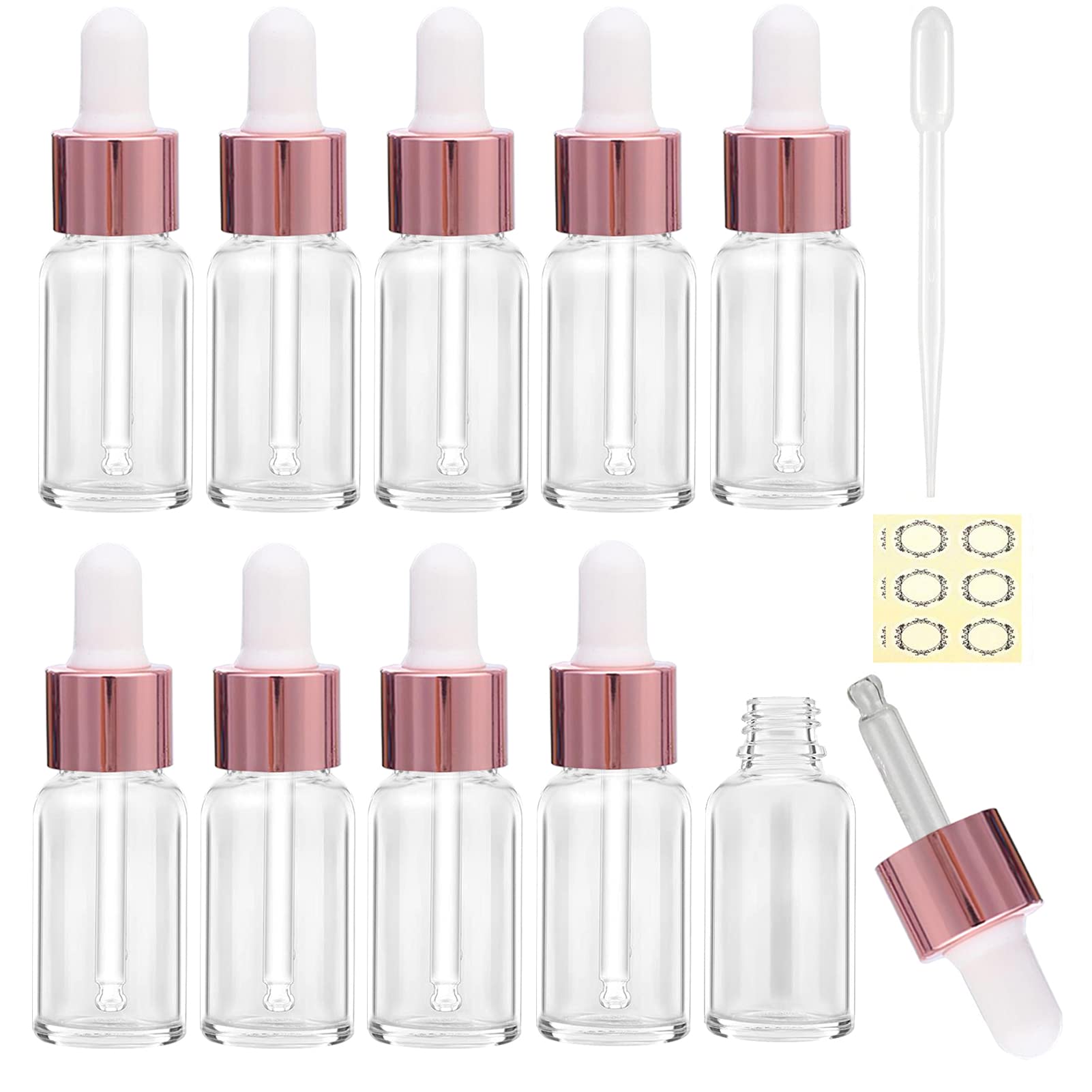 Alledomain 10Pcs, 10Ml Clear Glass Bottles with Dropper Pipettes, Mini Empty Dropper Bottles Rose Gold Metal Cap Refillable Sample Container for Essential Oil/Aromatherapy Blends/Chemical Liquid