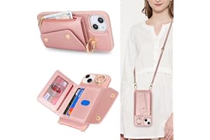 Lipvina for iPhone 15 Case with Card Holder and Strap - Zipper Pocket,Crossbody Lanyard Strap,Credit Card Holder,Stand Ring,Cute Phone Wallet Case for Women(Rose Gold,6.1 Inch)