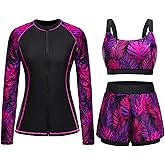 3 Piece Rash Guard for Women - Long Sleeve Swimsuits with Shorts SPF Zip up Swim Shirt with Built in Bra
