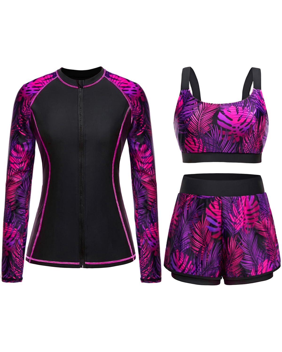 Photo 1 of Black Purple Leaf 3 Piece Rash Guard for Women - Long Sleeve Swimsuits with Shorts SPF Zip up Swim Shirt with Built in Bra XXL