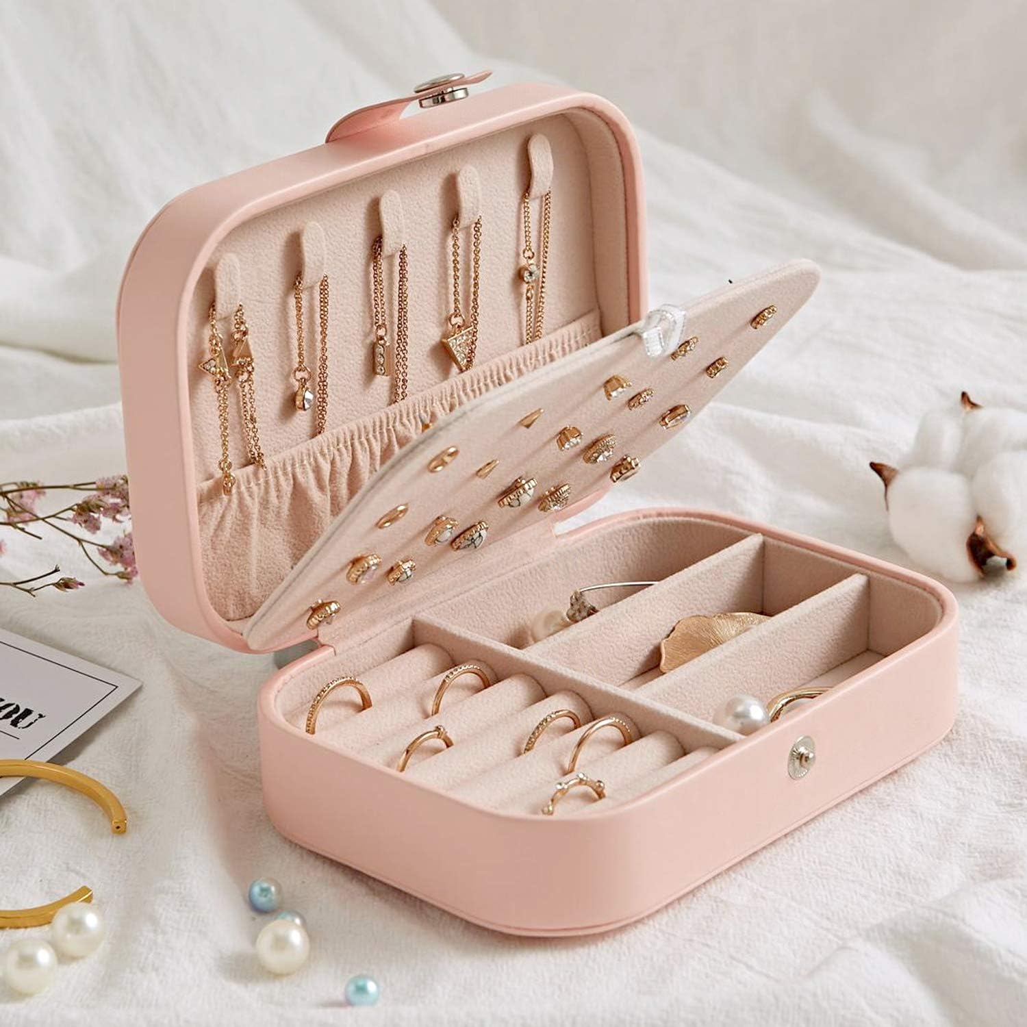 Jewelry Box for Women, Portable Double-Layer Jewelry Storage Box, Earrings, Rings, Necklaces, Bracelets, PU Leather Compact Portable Jewelry Suitcase, Pink Jewelry Box: Home Improvement