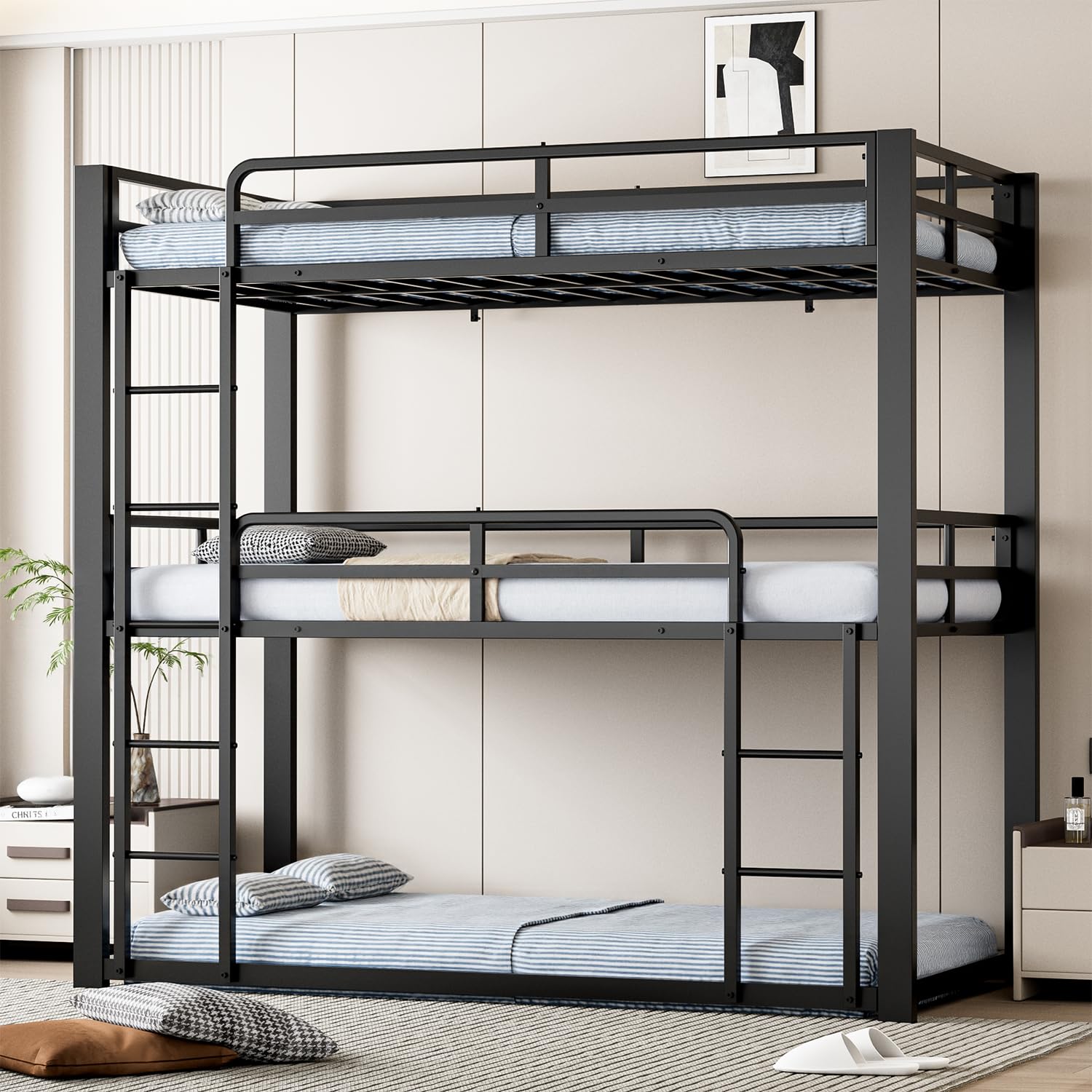 Photo 1 of **AS IS, FINAL SALE**  Mixcous Metal Triple Bunk Bed, Twin Over Twin Over Twin Heavy Duty Bunkbeds, Full-Length Guardrail Family-Friendly for All Ages, Bedroom, No Box Spring Needed, Easy Assembly, Black