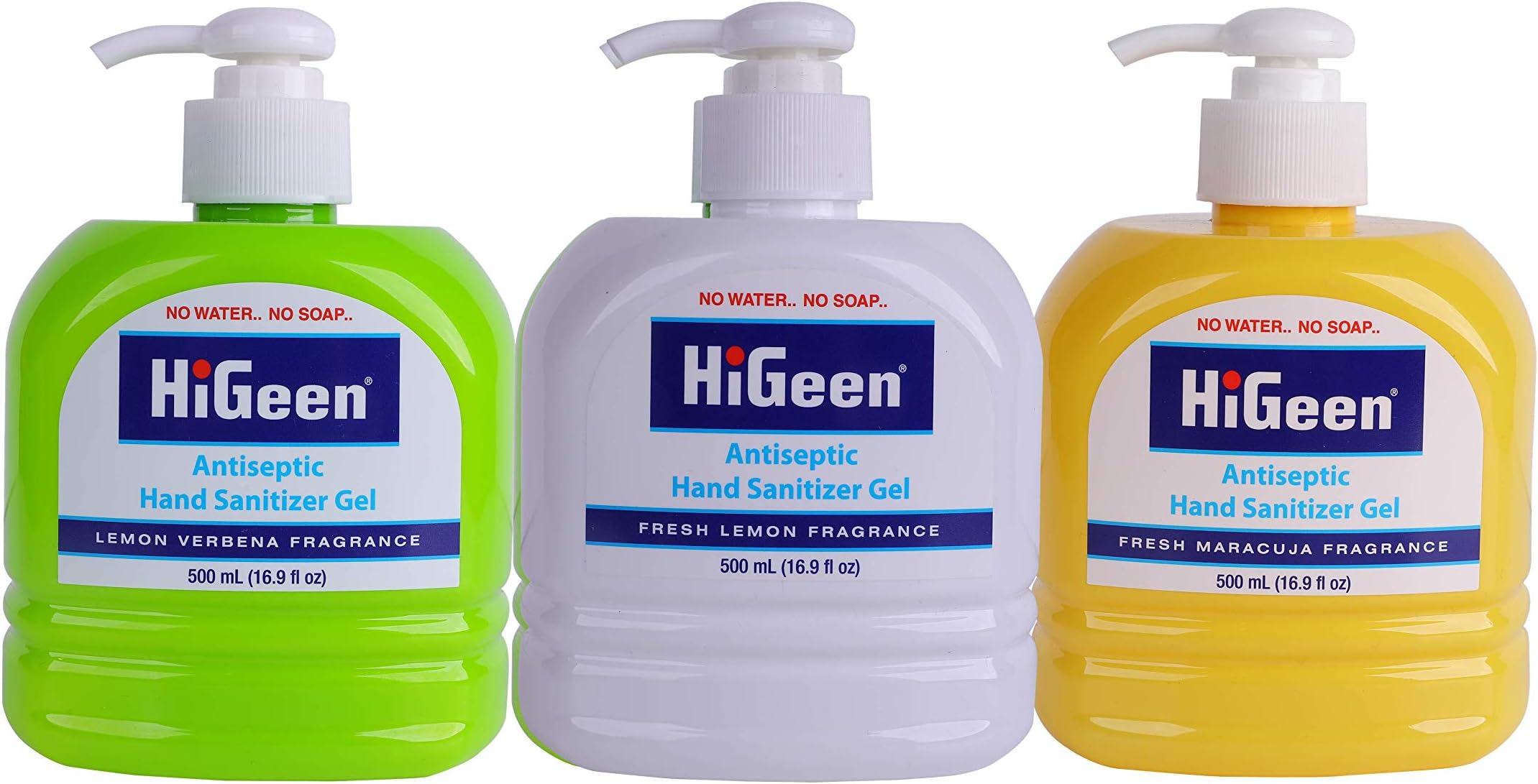 HiGeen Advanced Anti-Bacterial Hand Sanitizer Gel, Pack of Three 500 ML Pump Bottles in Fresh Lemon, Fresh Maracuja, and Lemon Verbena Fragrances