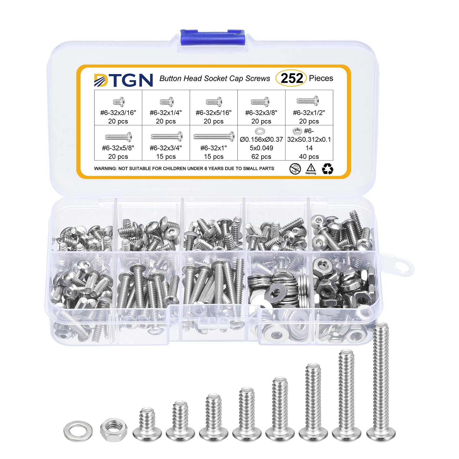 DTGN 252Pcs #6-32x3/16" to 1" Button Head Socket Cap Screws - 304 Stainless Steel Bolt Nut Set Washer Assortment Kit - Good for Road Bicycle, Mountain Bike, Auto