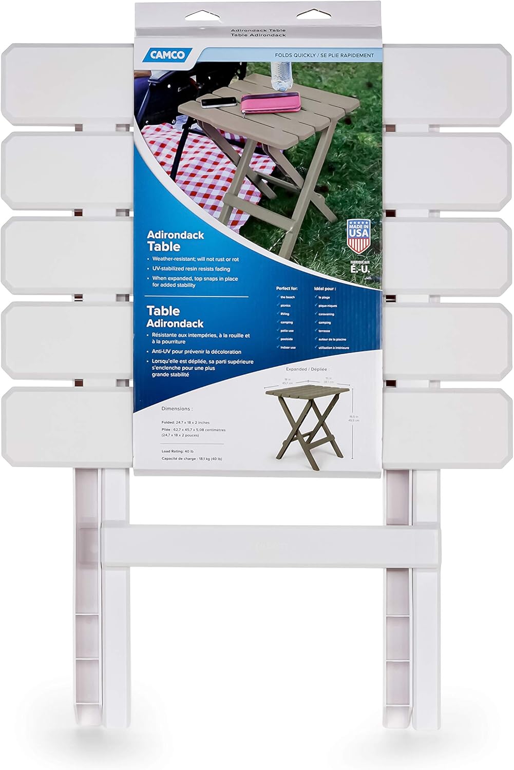 Camco Large Adirondack Portable Outdoor Folding Side Table - Perfect for The Beach, Camping, Picnics, Cookouts and More - Weatherproof and Rust Resistant - White (21041): Automotive