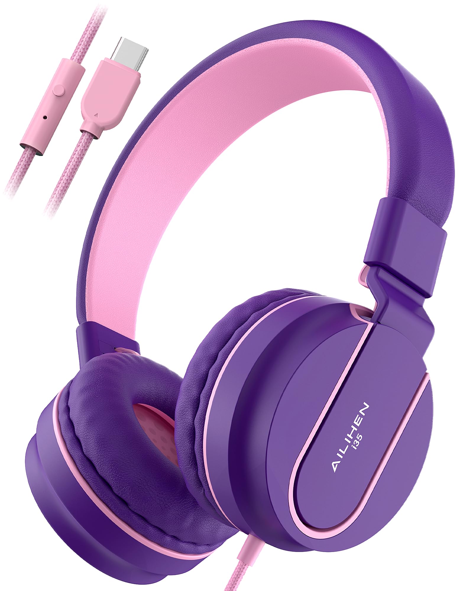 Photo 1 of AILIHEN I35 USB C Headphones Wired, Kids Headphones with Microphone and Volume Limited 93dB, Super Soft Type C Headphone for School/Travel/iPhone 15-16/USB C Devices(Purple Pink)