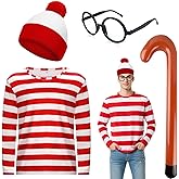 Clovilet 4 Pcs Halloween Costume Include Red and White Stripe Shirt,Beanie,Glasses and Cane for Men Women Party Dress Up
