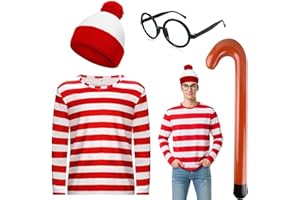 Clovilet 4 Pcs Halloween Costume Include Red and White Stripe Shirt,Beanie,Glasses and Cane for Men Women Party Dress Up