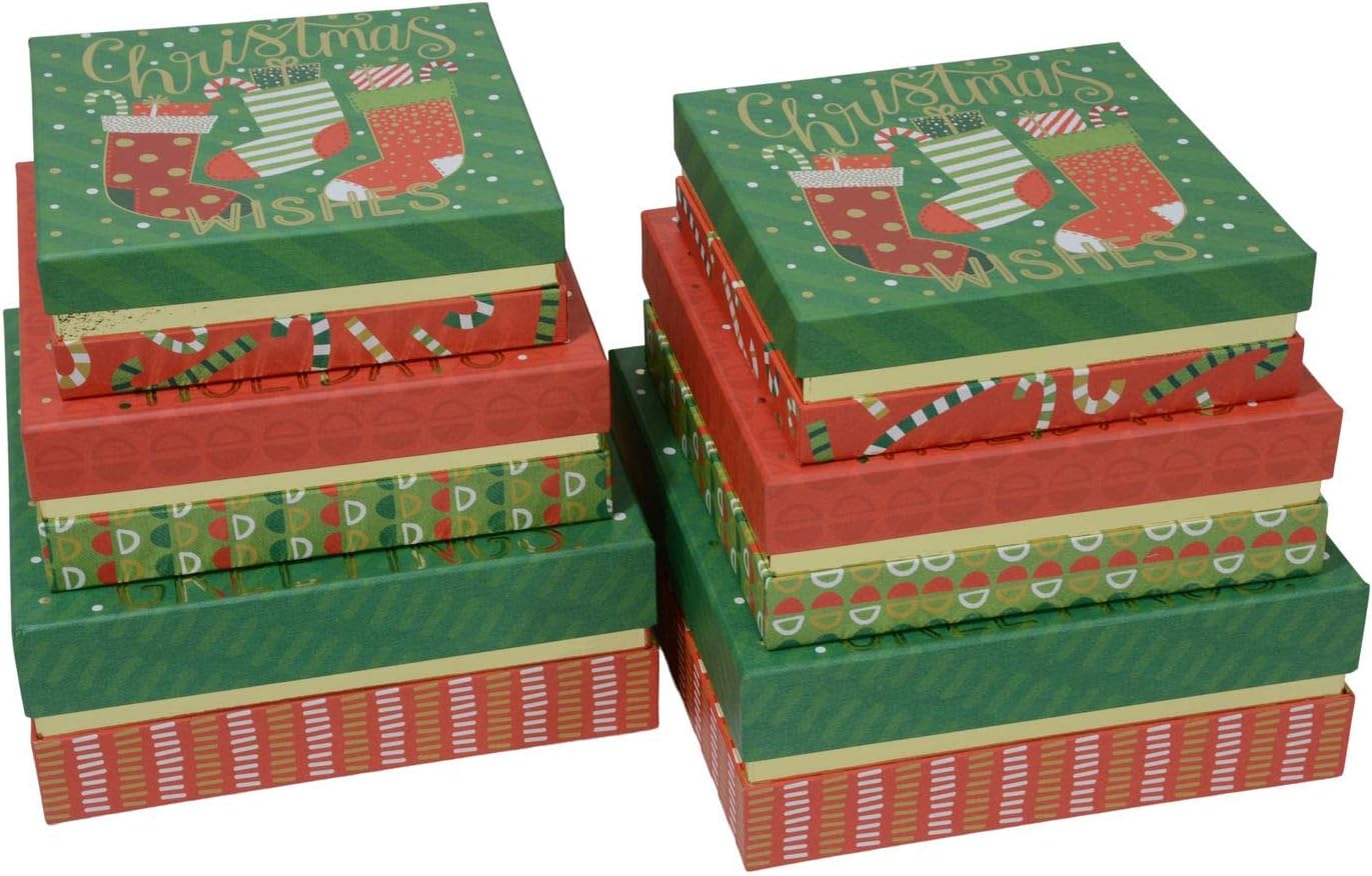 Christmas Nested Gift Boxes Red and Green Square Box with Metallic Gold Foil Hotstamp & Lids for Xmas Gift Giving, Party Favors and Holiday Decor (Set of 6)