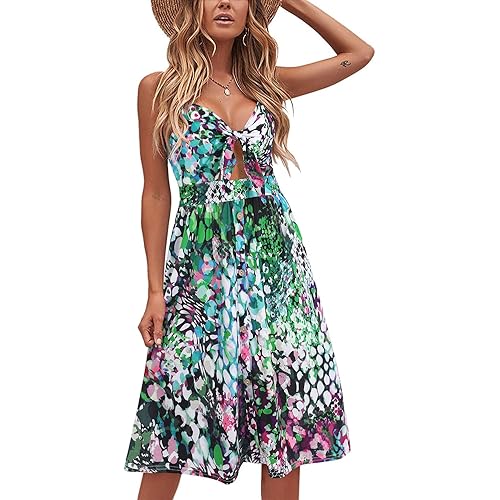 VOTEPRETTY Womens Summer Floral Sundress V Neck Tie Front Spaghetti Strap Dresses with Pockets