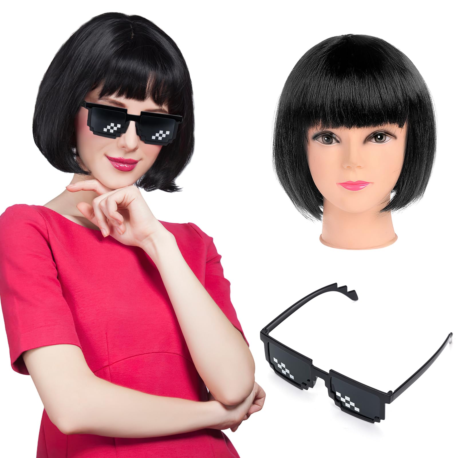 Ladies Short Bob Hair Wig, Costume Cosplay Wigs Daily Party Hairpiece for Women Girls, Bob Colorful Wigs Fancy Dress Accessory for Disco Bachelorette Party Night Club, with Sunglasses, Black