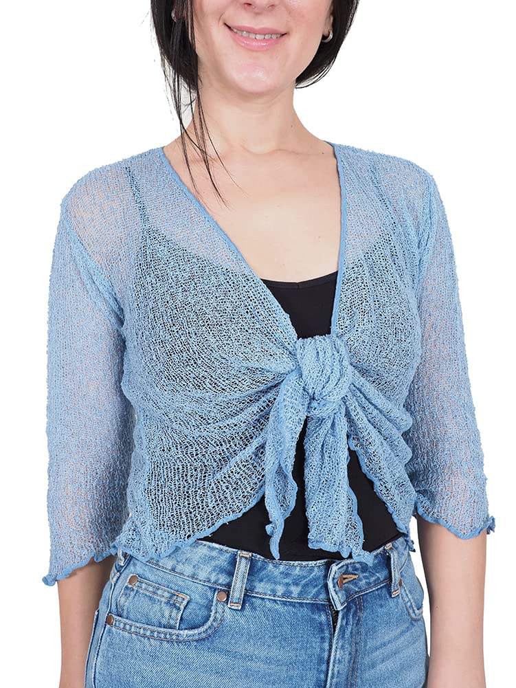 Mimosa Ladies Crochet Shrug Bolero Glitter or Plain Super Stretchy Lace Fish Net Tie at Waist Bolero Open Cardigan Fits UK 6-28 Mid Blue