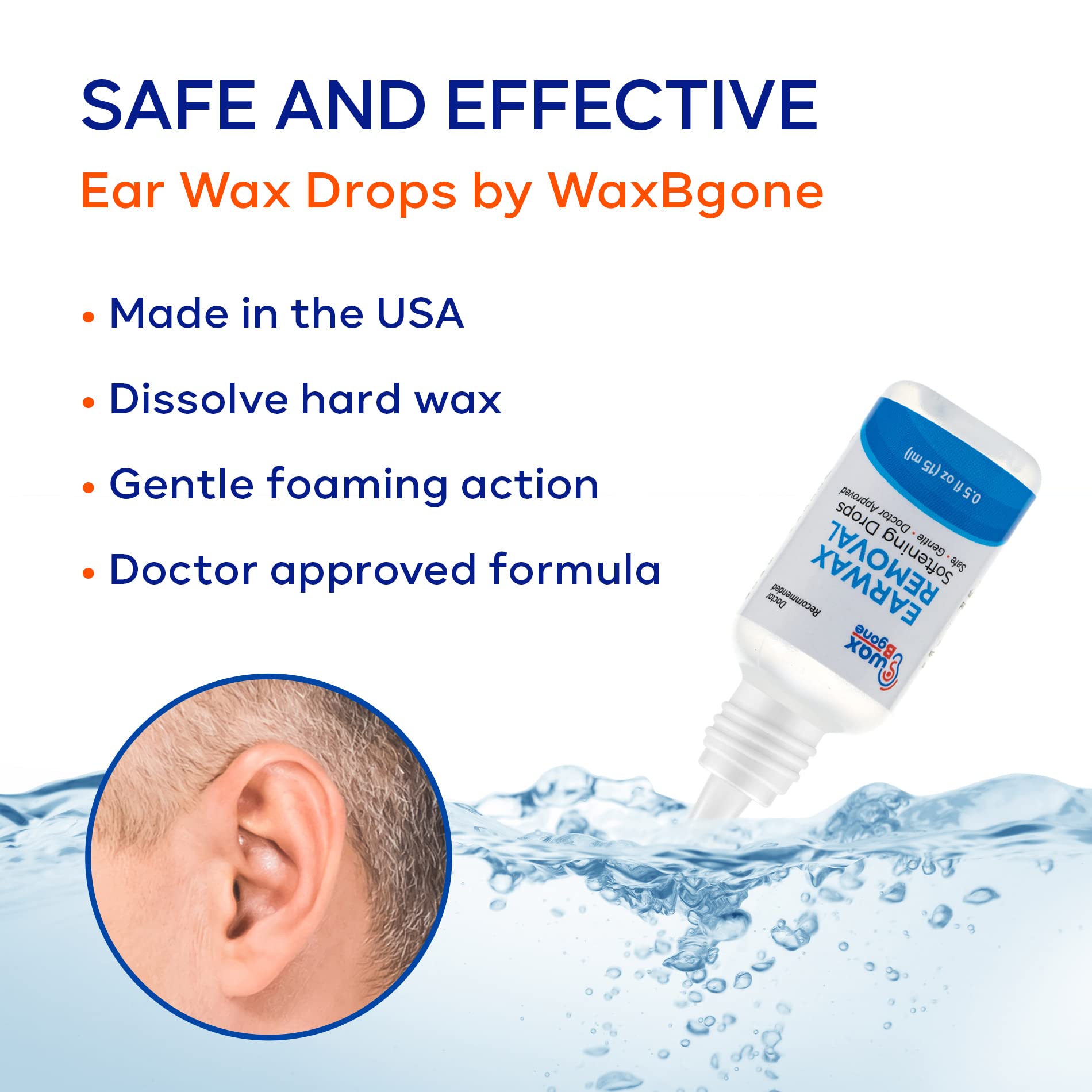 WaxBgone Earwax Removal Kit with Drops & Large 2-oz Ear Bulb Syringe - Safe & Effective Ear Cleaning Kit for Adults & Kids - Wax Softening Formula Loosens Earwax with Gentle Foaming Action - 0.5 Oz.