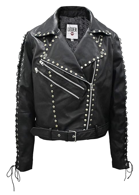 LEDER24H Damen Lederjacke mit Gürtel, weiches Leder Schwarz - 2088