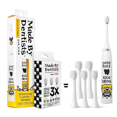 Made by Dentists Kids Electric Toothbrush - Rechargeable Vibrating Toothbrush with Timer, Includes 6 Replacement Heads, Gently Cleans Teeth, Kid & Toddlers Age 2+, (Bulldog)