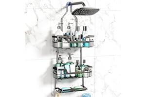 SWTYMIKI 3 Tier Rustproof Hanging Shower Caddy with 16 Hooks & Dual Soap Holder, Large Capacity Over Shower Organizer for Bathroom Shower Room, Black