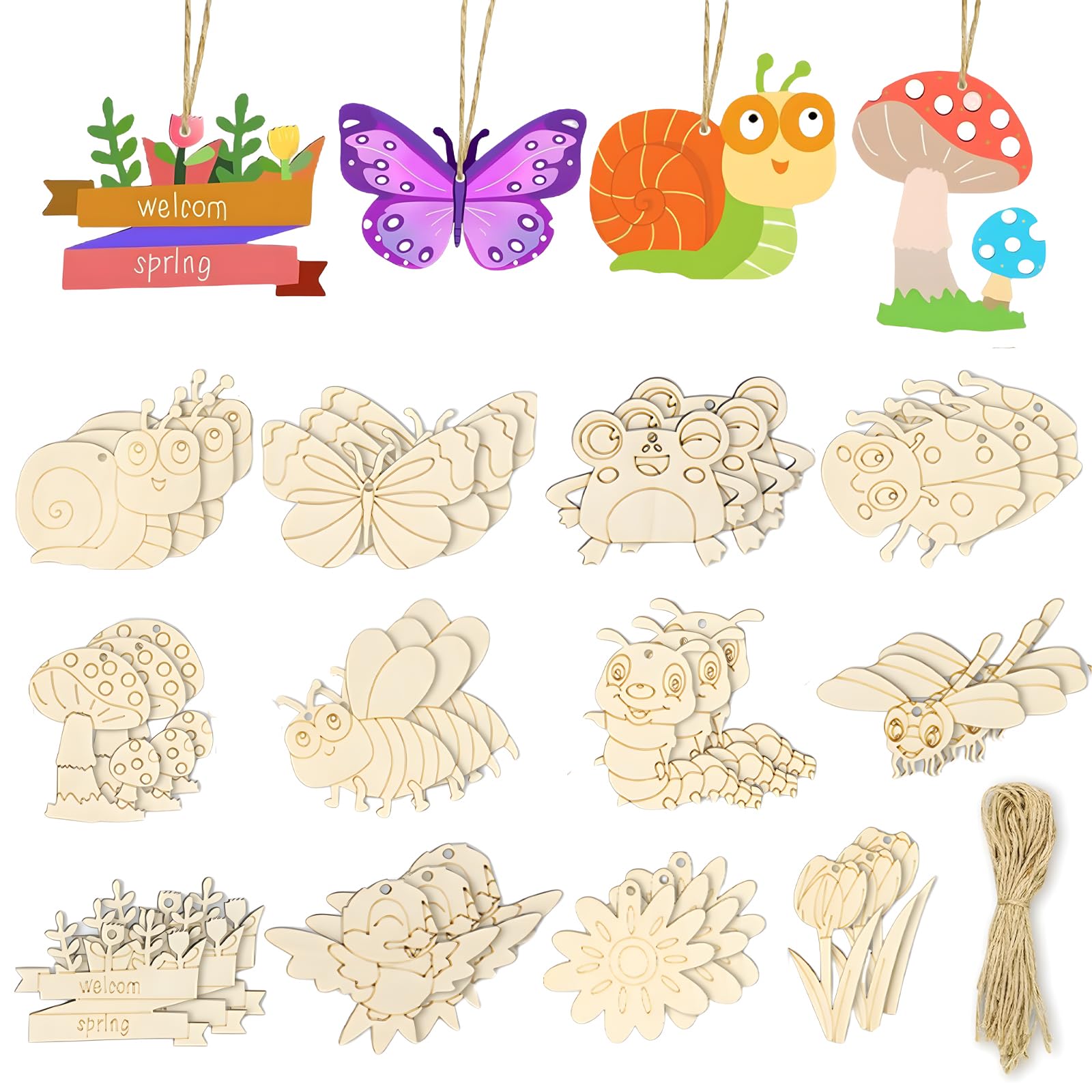 36Pcs Wooden Craft Shapes Blank Wood Ornaments DIY Woodens Crafts Kit Woodens Flower Butterfly Shapes for Kids Unfinished Wood Cutouts with Hole with Twine for DIY Crafts Home Decoration Craft Project