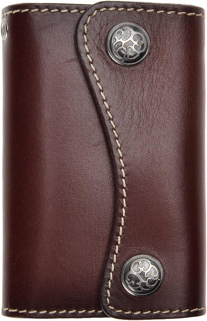 ZLYC New Genuine Leather Two Buttons Key Wallet Card Holder Key Case Keychain (Dark Red)