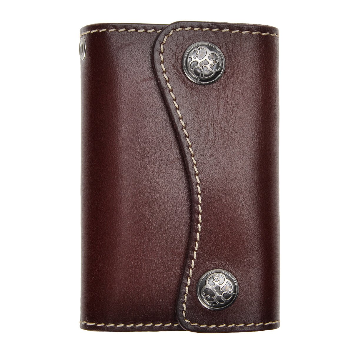 ZLYC New Genuine Leather Two Buttons Key Wallet Card Holder Key Case Keychain (Dark Red)
