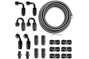 MEDOON 20ft 6AN Black Nylon And Stainless Steel Braided Fuel Oil Hose Fuel Line 10pcs 6AN Hose Fitting Kit 6pcs 6AN Hose Separator Clamp 2pcs 6AN to 6AN Male Coupler Adapter Straight Fitting