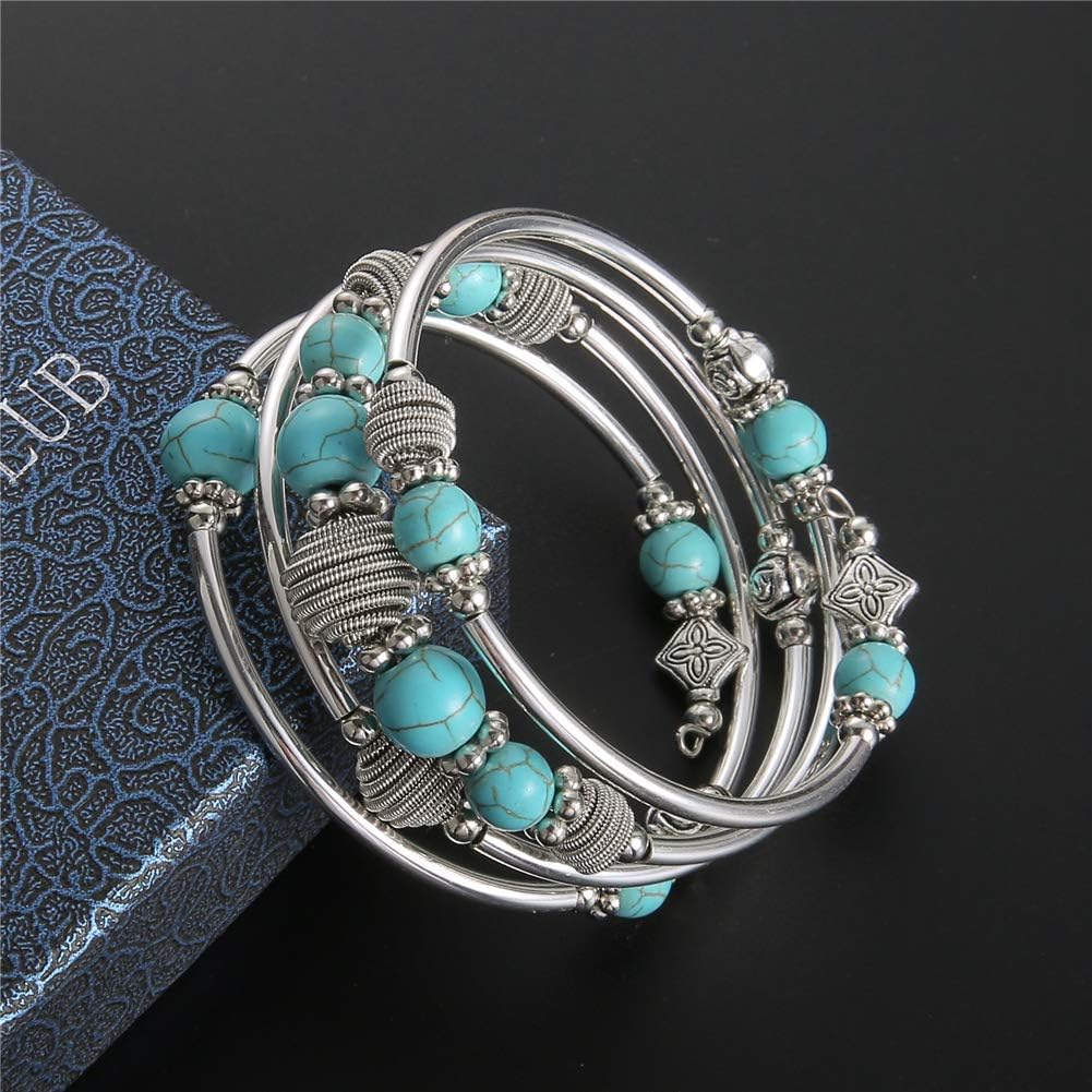 PEARL&CLUB Beaded Chakra Bangle Turquoise Bracelet - Fashion Jewelry Wrap Bracelet with Thick Silver Metal and Mala Beads, Birthday Gifts for Women (A:Turquoise): Jewelry