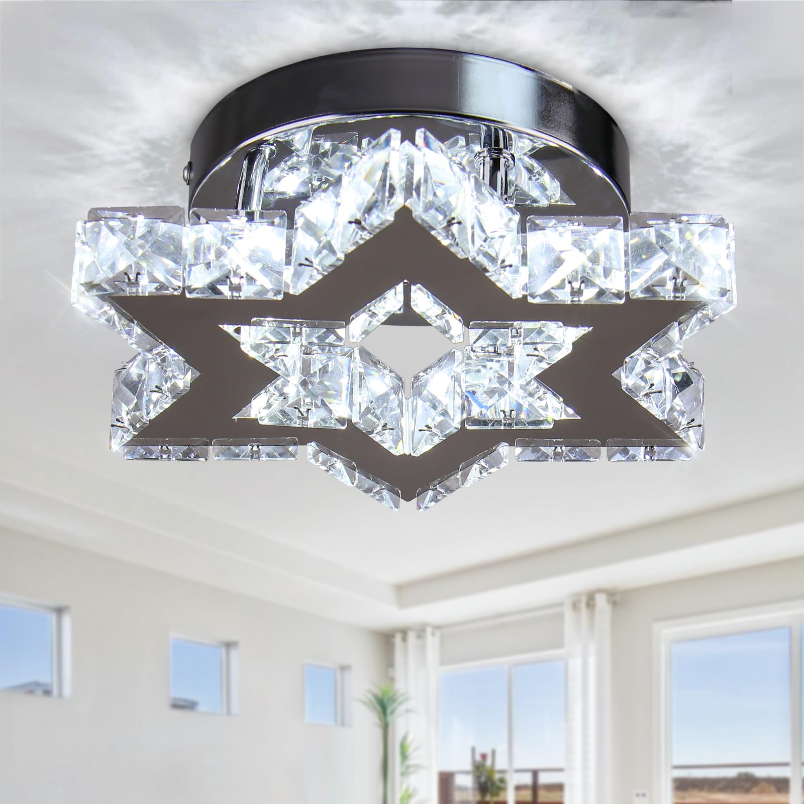 Chandelier LED Crystal Chandelier Modern Flush Mount Ceiling Light Fixtures LED Star Mini Chandeliers Light Fixture Ceiling Lamp for Kitchen Hallway Foyer Bedroom Dinning Room (Cool White)