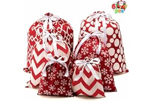 JOYIN 6PCS Christmas Fabric Gift Bags with 3 Sizes, Elegant Red Drawstring Xmas Bags with Gift Tags for Each Season, present 