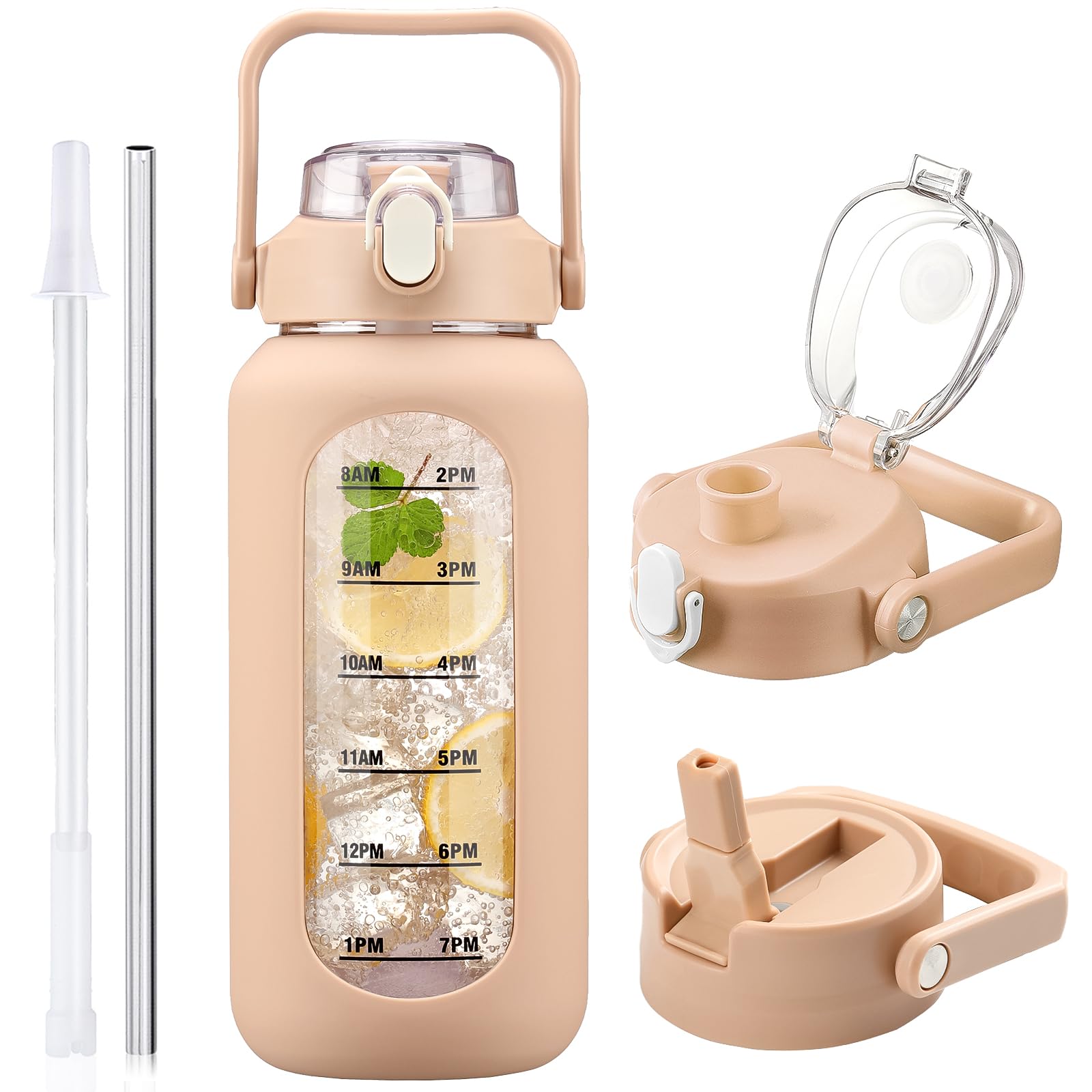 HYDRAGLAZIC 2L Glass Water Bottle with 2 Lids Flip and Chug Lids 2 Liter Large Water Jug with Time Marker and Silicone Sleeve BPA Free Leak-proof for Sports Gym, Amber