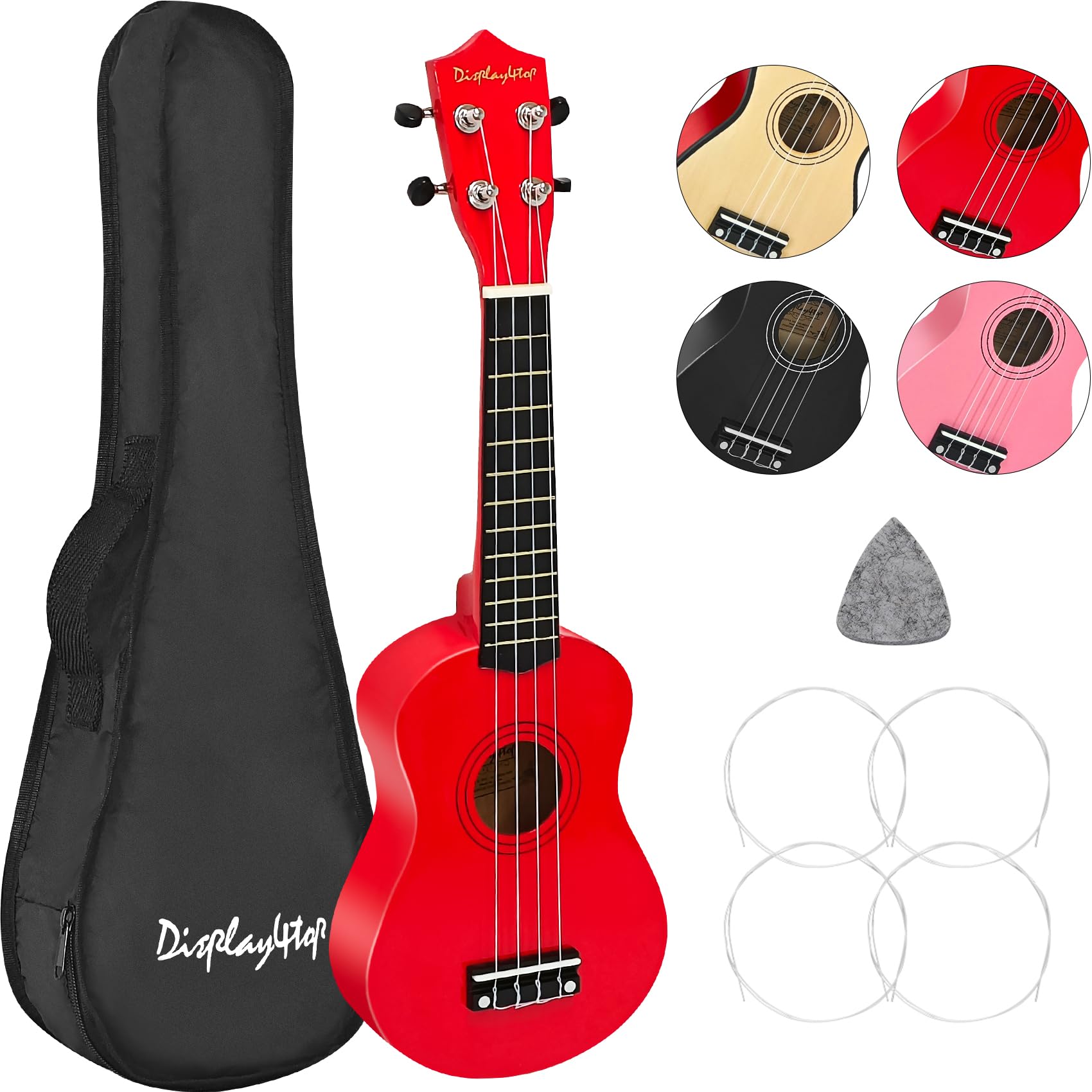 Display4top 21 Inch Soprano Ukulele, Professonial Ukele for Kids Bundle with Gig Bag, Picks,Extra Strings (Red)