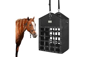 MIYABALA Hay Bags for Horses,Two-Sided Premium Oxford Slow Feed Hay Bags for Goats,Sheep,Donkey,Large Top Opening with Hook-and-Loop Seals,Easy to Hang with Adjustable Strap (Black, Large 1 Pack)