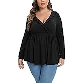 Purple Pocket Womens Plus Size Long Sleeve Fall Tops Ruffle Wrap V Neck Pleated Shirts Dressy Casual Loose Tunic Blouse