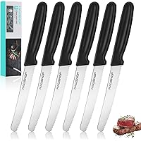 HAUSHOF Steak Knives Set of 6, Serrated Steak Knives, Premium Stainless Steel Steak Knife Set with Gift Box, Black Handle