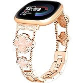Shesyuki for Metal Bands, Compatible with Fitbit Versa 4/Versa 3/Fitbit Sense 2/Sense Band Smart Watch, Diamond Four Leaf Clover Stainless Watch Strap for Women