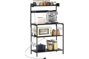 HOMCOM Kitchen Bakers Rack with Power Outlet, Microwave Stand, Coffee Bar with Adjustable Shelves, 5 Hooks for Spices, Pots a