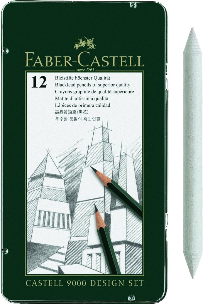 Faber-Castell 119065 Castell 9000 Pencil, Set of 12, Contents 8B - 2H (12 Design Set + Estump), schwarz, 12 count (Pack of 1)