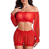 Avidlove Lingerie Sets for Women Sexy Long Sleeve Off Shoulder Ruffle Bra and Panty Set