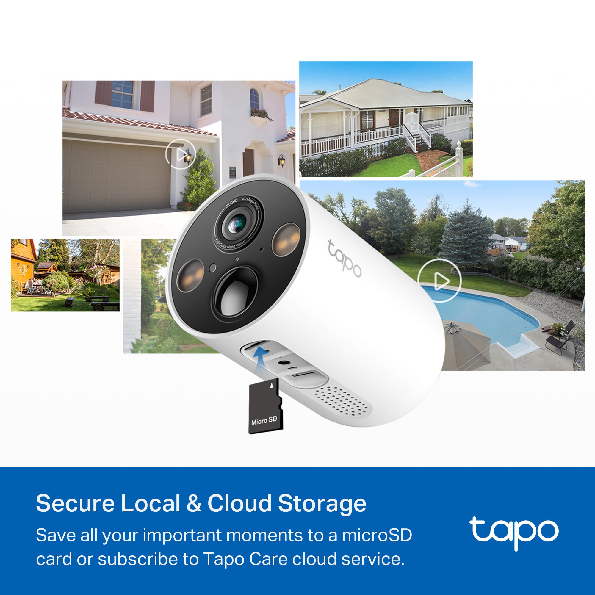 Tapo SolarCam 2K, Outdoor Battery Camera w/Solar Panel Base, Wireless Camera, 2K QHD, 150° Super-Wide FOV, Free Person/Vehicle/Pet Detection, SD/Cloud Storage, Starlight Color Night Vision