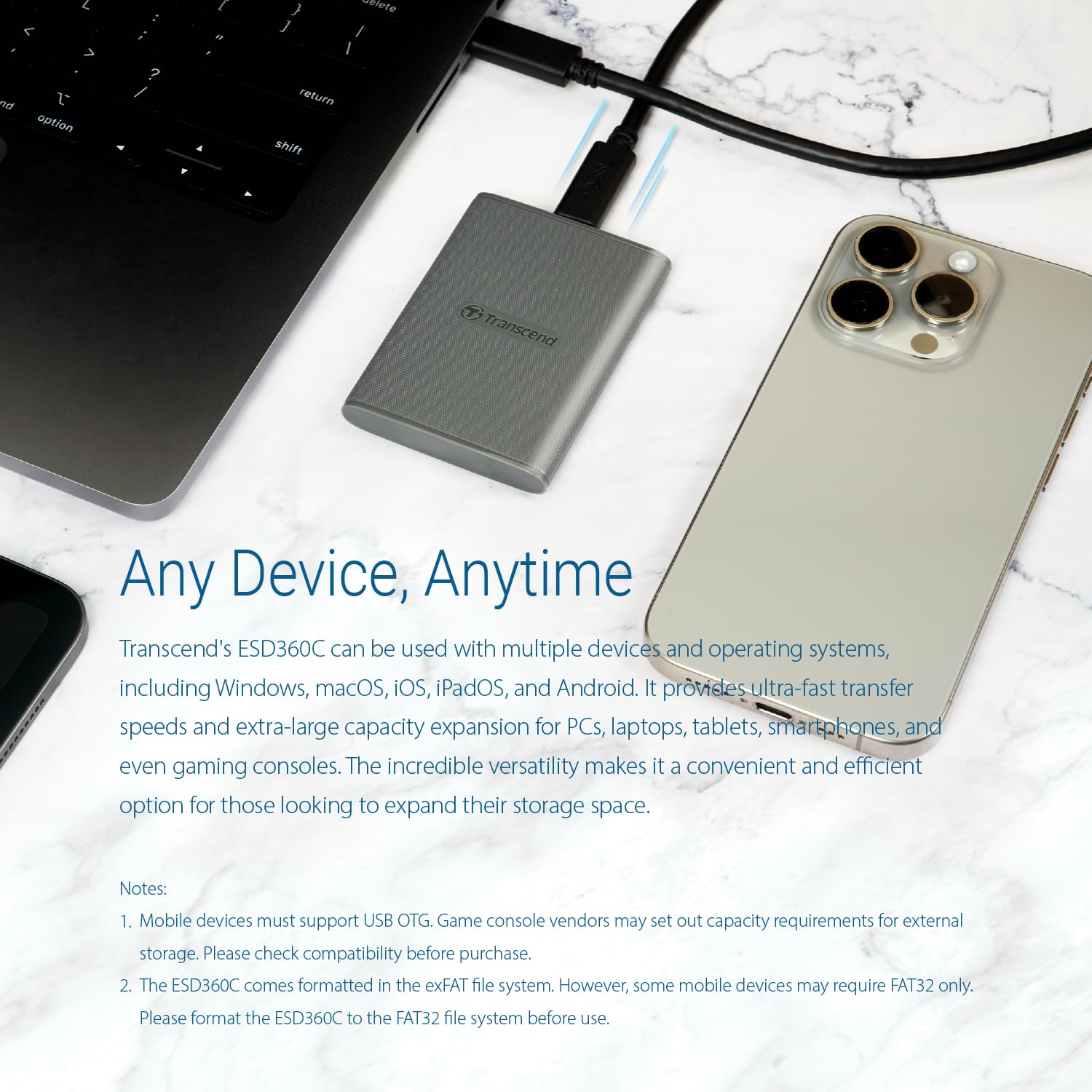 Transcend 2TB External SSD, USB 3.2 Gen 2 (20Gbps), Up to 2,000MB/s, Portable SSD with 2-in-1 USB-C Cable, for Steam Deck, ROG Ally, MSI Claw, Windows&Mac, iPhone, iPad, Android, PS5, Xbox, Smart TV