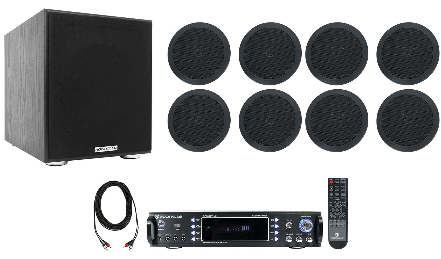 Rockville Bundle: RPA60BT V2 Bluetooth Karaoke Amp Mixer Bundle with (8) HC55-16 in-Ceiling Home Theater Speakers, Rock Shaker Subwoofer Sub, RCDR25B Dual RCA to Dual RCA Pro Audio Cable (11 Items)
