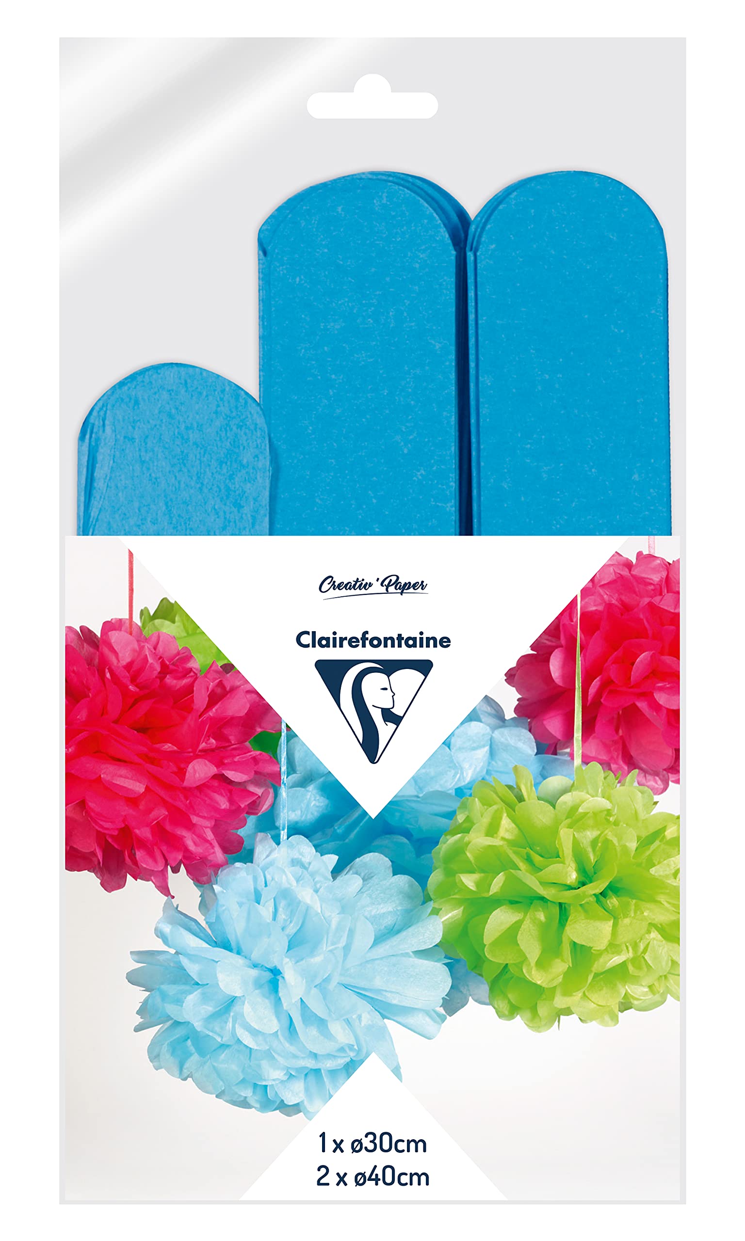 Clairefontaine 395457C - Set of 3 Oil Blue Silk Pompons to Hang - 1x30cm Diameter + 2x40cm Diameter - Decoration Weddings Birthdays Baby showers Parties DIY