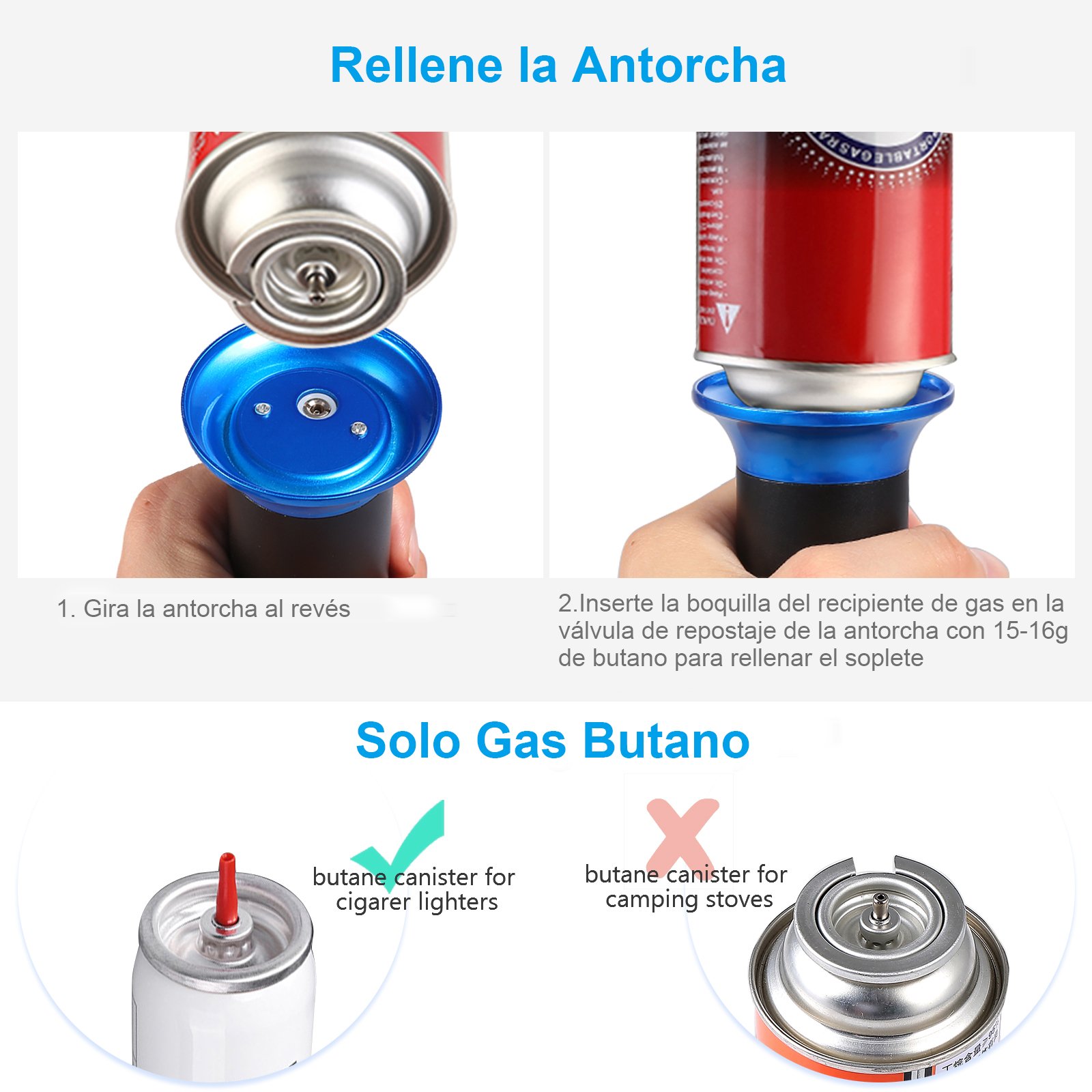 VOOKI Soplete de Cocina Profesional, Antorcha de Cocina Llama Ajustable para Budín de Caramelo, Carne, Barbacoa, Acampar y Hornear, Azul, （Butano No Incluidos）