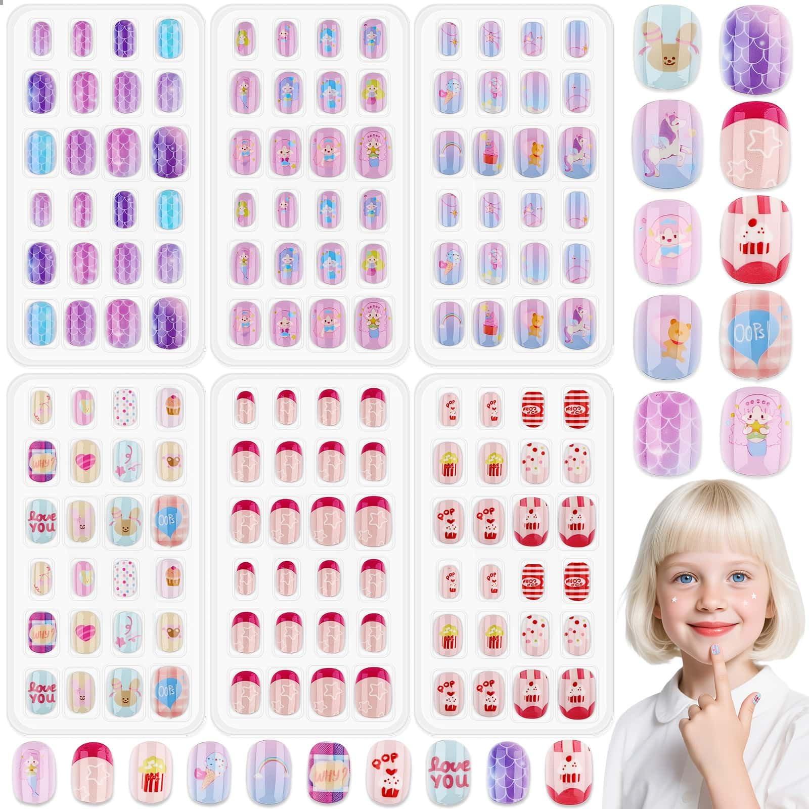 Photo 1 of 144 Pcs Press on Nails for Girls, Stick On Nails for Kids Short Acrylic Fake Nails Cute Nails Art Stuff for Little Girl 8-10