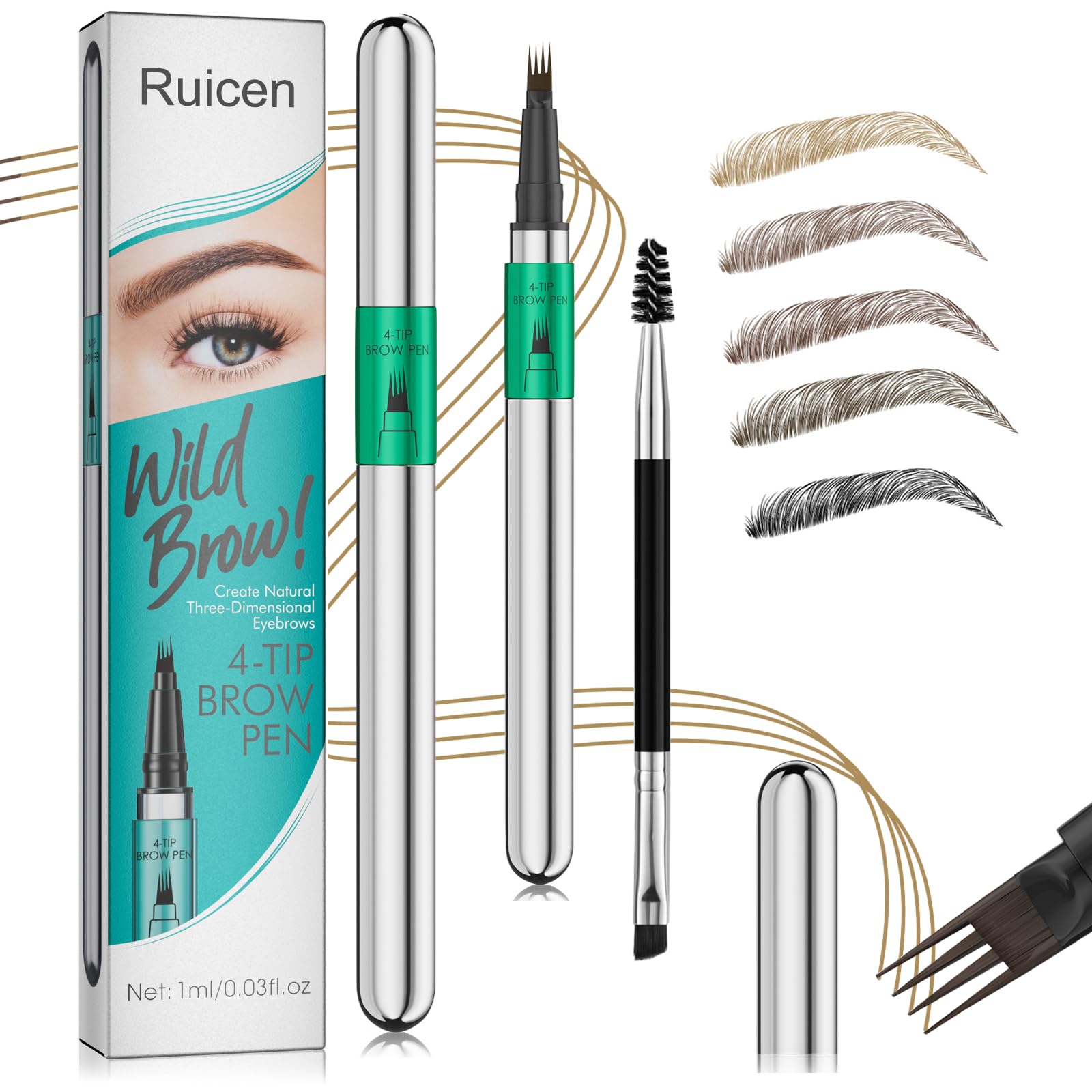 Ruicen Eyebrow Pen - Eyebrow Pencil, Upgrade Microblading Eyebrow Pen Eyebrow Pencil with Micro 4-Fork Soft Tip Create Natural Hair-Like Brows, Last All-Day, Light Brown