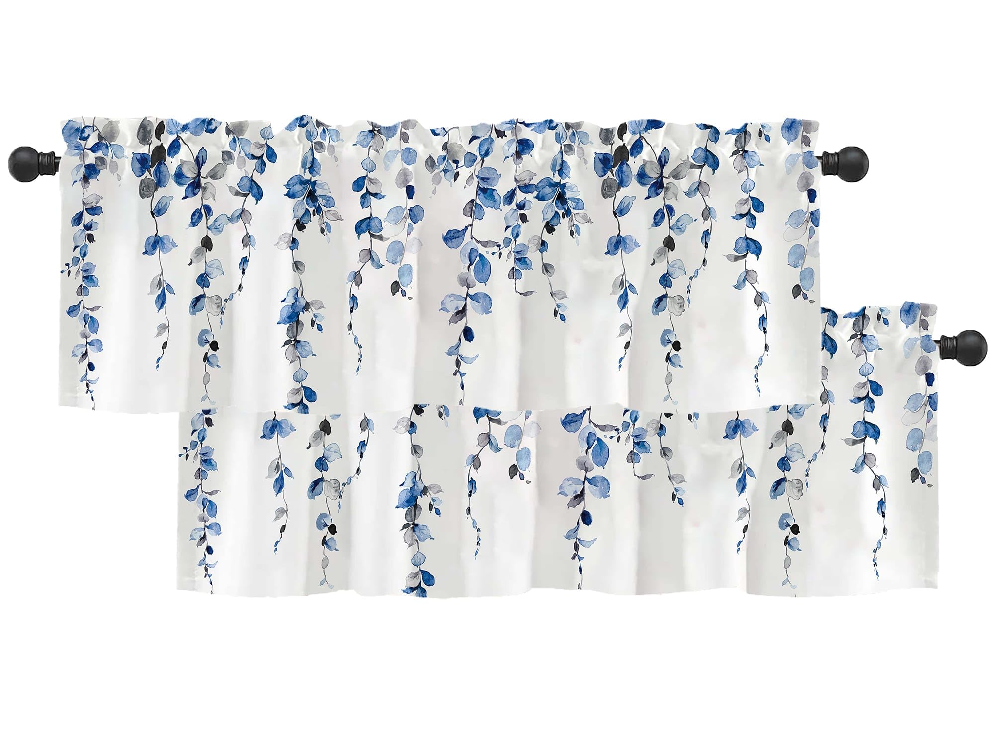 Photo 1 of 2 Pack Watercolor Blue Leaves Window Valance for Bedroom Living Room, Leaf Vine Plant Curtains Valanes for Windows, 3" Rod Pocket Window Treatment for Season Home Decorations, 54 x 18 Inch, 2 Panel