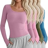 Yearntown 4 Pack Women's Workout Tops Long Sleeve Compression Shirts U Neck Slim Athletic Yoga Basic Shirt with Thumb Holes