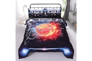 Wowelife Basketball Bedding Comforter Set Full with Sheets, 5 Piece Bed in A Bag Sports Bed Set Full Red Black Kids Comforter Set with Comforter, Flat Sheet, Fitted Sheet and 2 Pillowcases